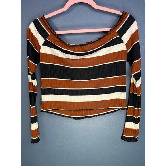 Me to We Top Women's Size Large Long Sleeve Crop Top Striped Boho Western Wear - Picture 2 of 6